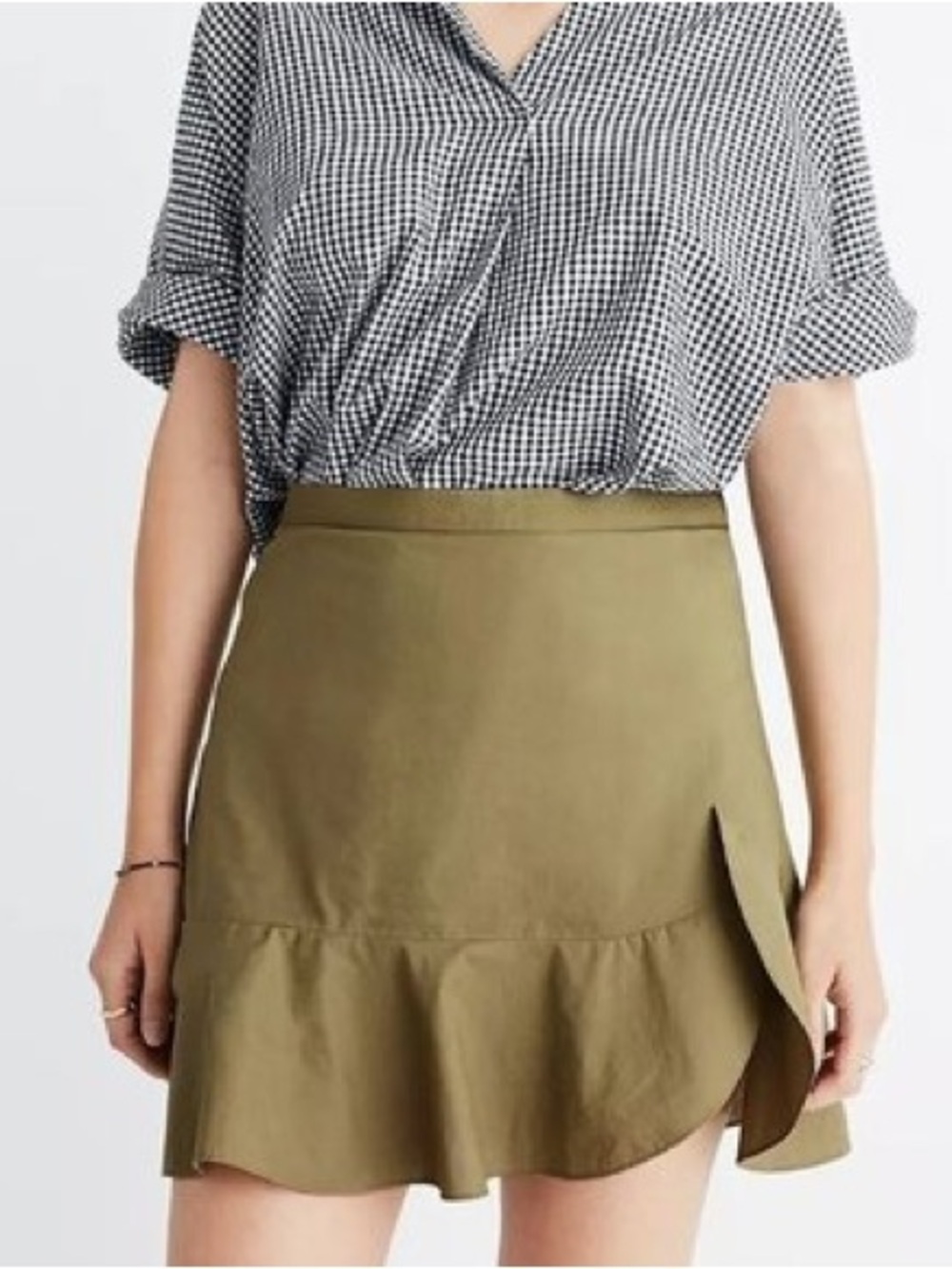 Madewell Ruffle-Wrap Mini Skirt in Expat Olive 00